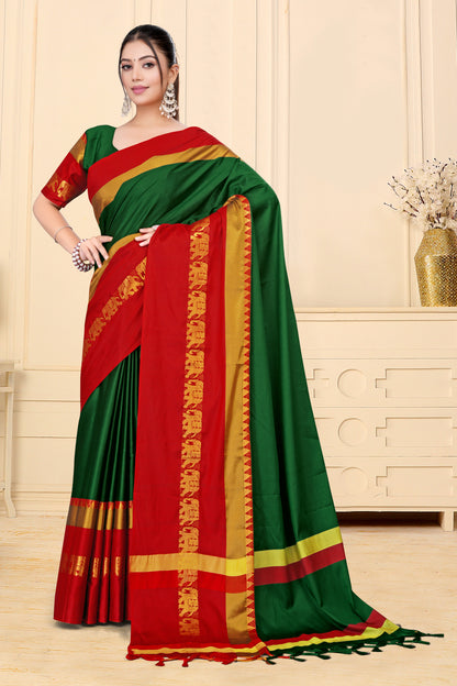 Bottle Green & Red Hathi Design (Elephant) Cotton Silk Saree
