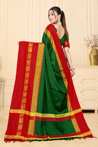 Bottle Green & Red Hathi Design (Elephant) Cotton Silk Saree