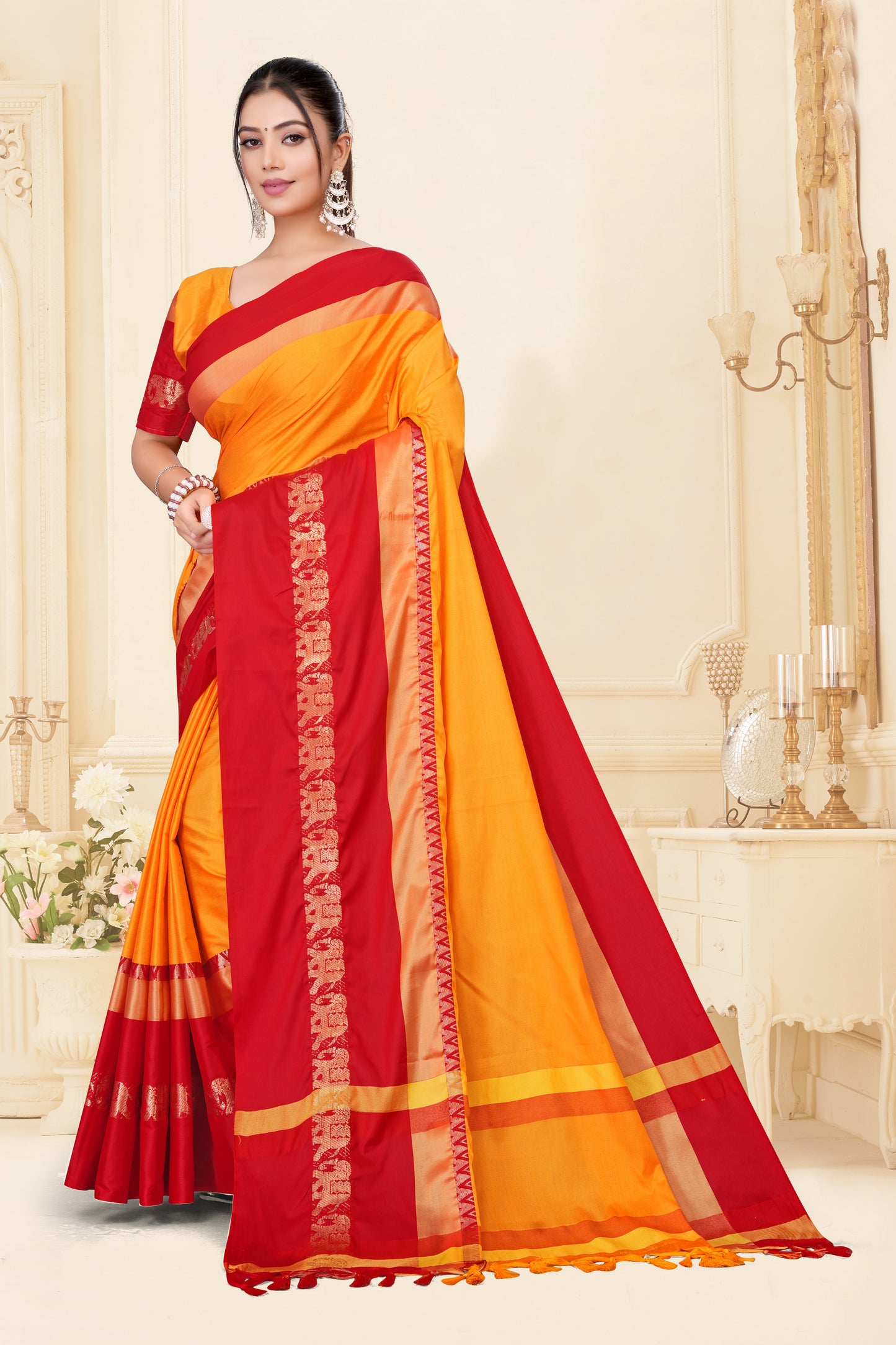 Gold & Red Hathi Design (Elephant) Cotton Silk Saree