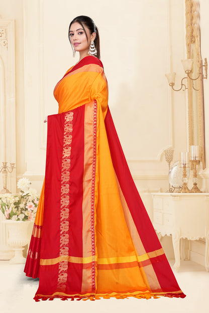 Gold & Red Hathi Design (Elephant) Cotton Silk Saree