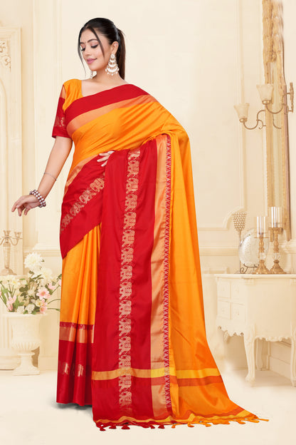 Gold & Red Hathi Design (Elephant) Cotton Silk Saree