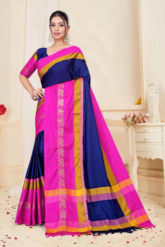 Navy Blue & Rani Pink Hathi Design (Elephant) Cotton Silk Saree