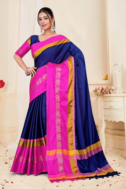 Navy Blue & Rani Pink Hathi Design (Elephant) Cotton Silk Saree