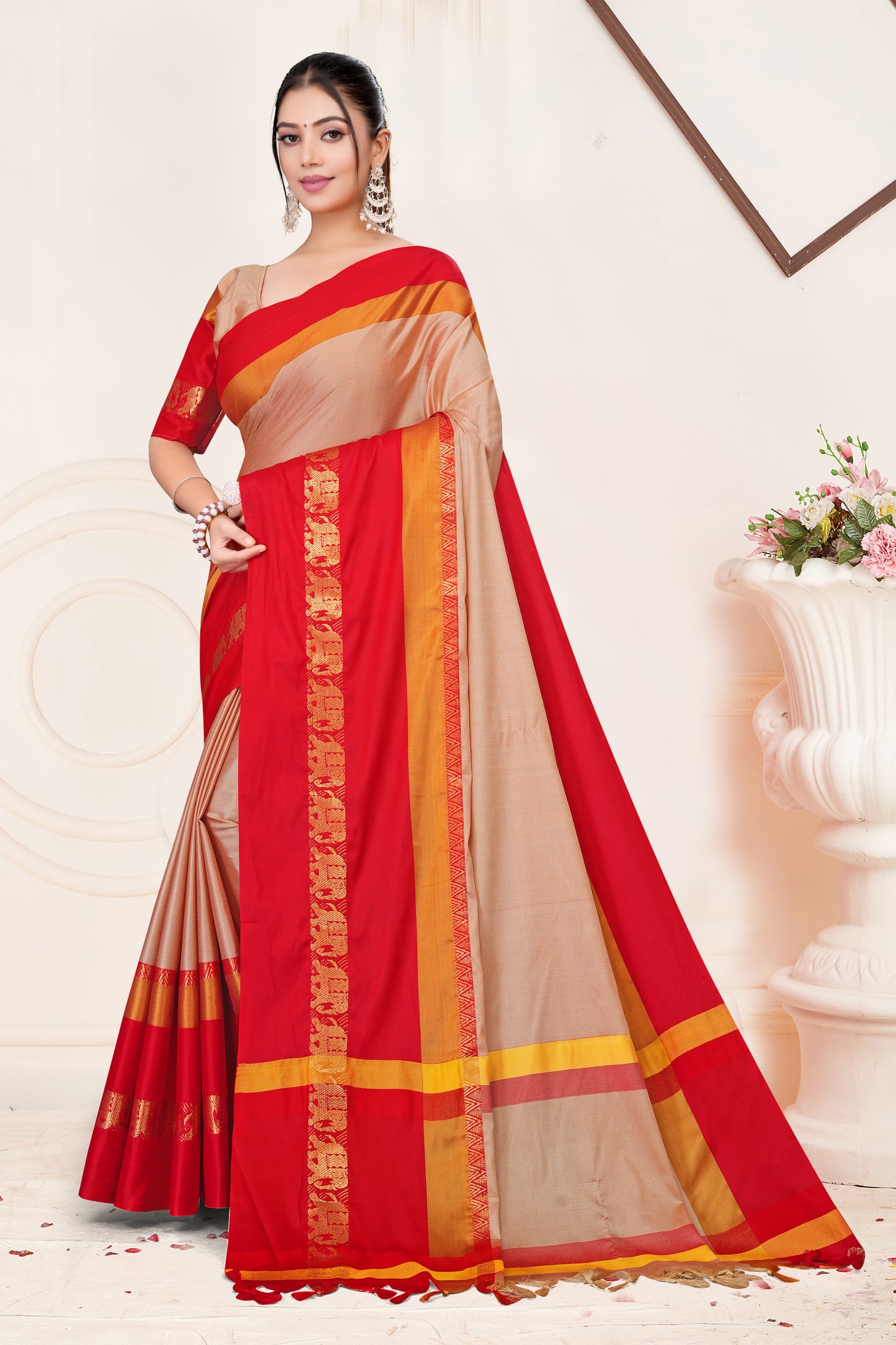 Cream & Red Hathi Design (Elephant) Cotton Silk Saree