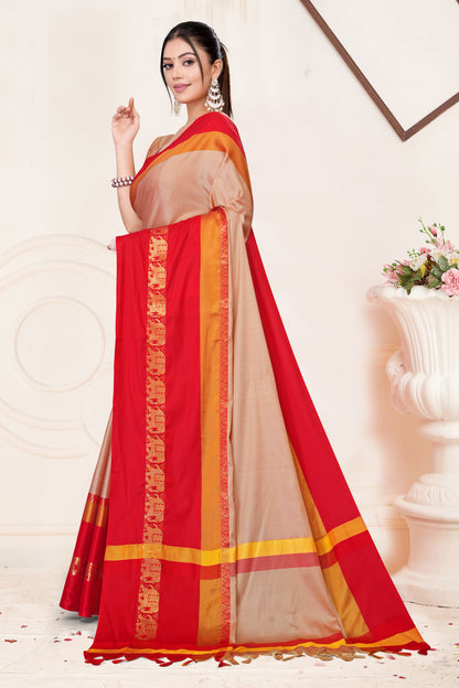 Cream & Red Hathi Design (Elephant) Cotton Silk Saree