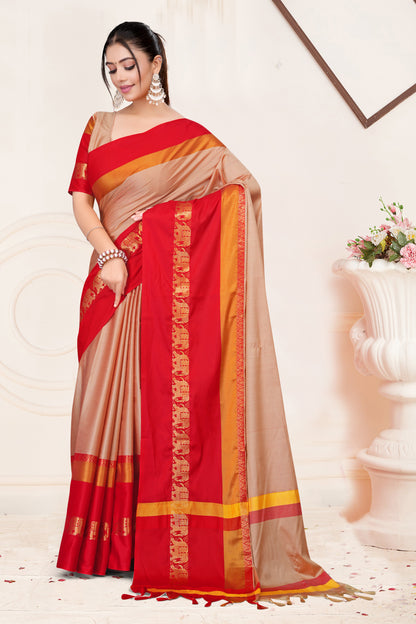 Cream & Red Hathi Design (Elephant) Cotton Silk Saree