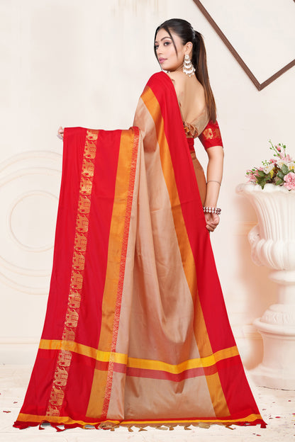 Cream & Red Hathi Design (Elephant) Cotton Silk Saree