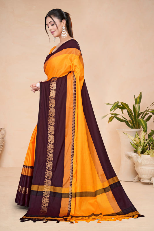 Turmeric Yellow & Coffee Hathi Design (Elephant) Cotton Silk Saree