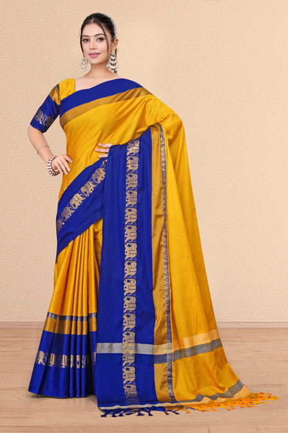 Gold & Royal Blue Hathi Design (Elephant) Cotton Silk Saree