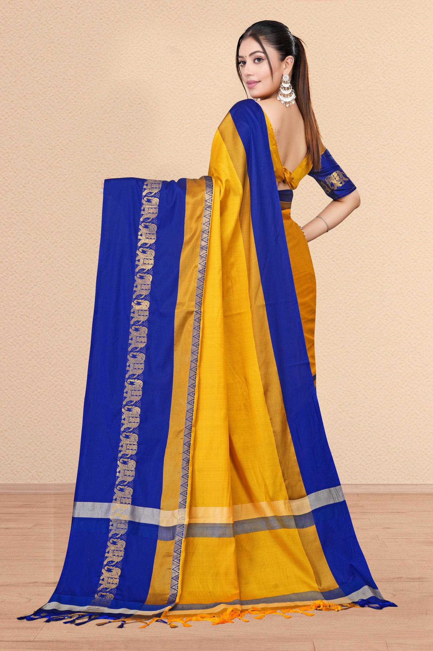 Gold & Royal Blue Hathi Design (Elephant) Cotton Silk Saree