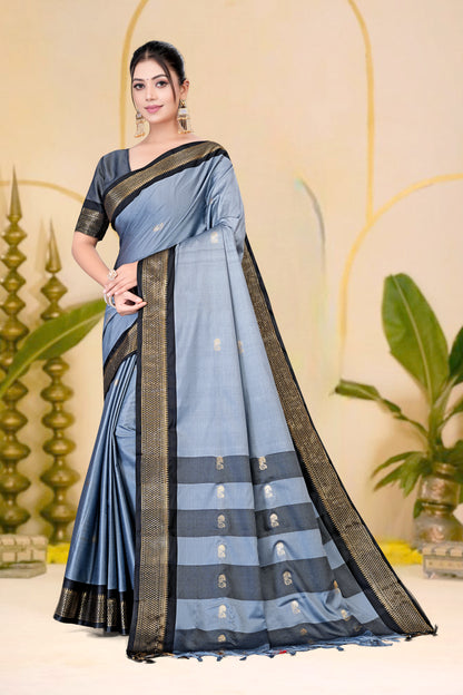Grey & Black Paithani Cotton Silk Saree