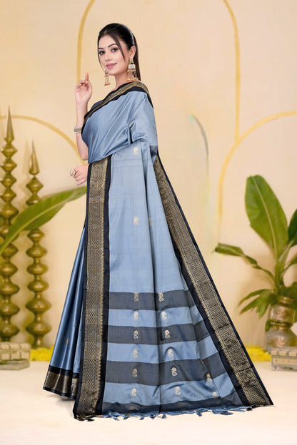 Grey & Black Paithani Cotton Silk Saree