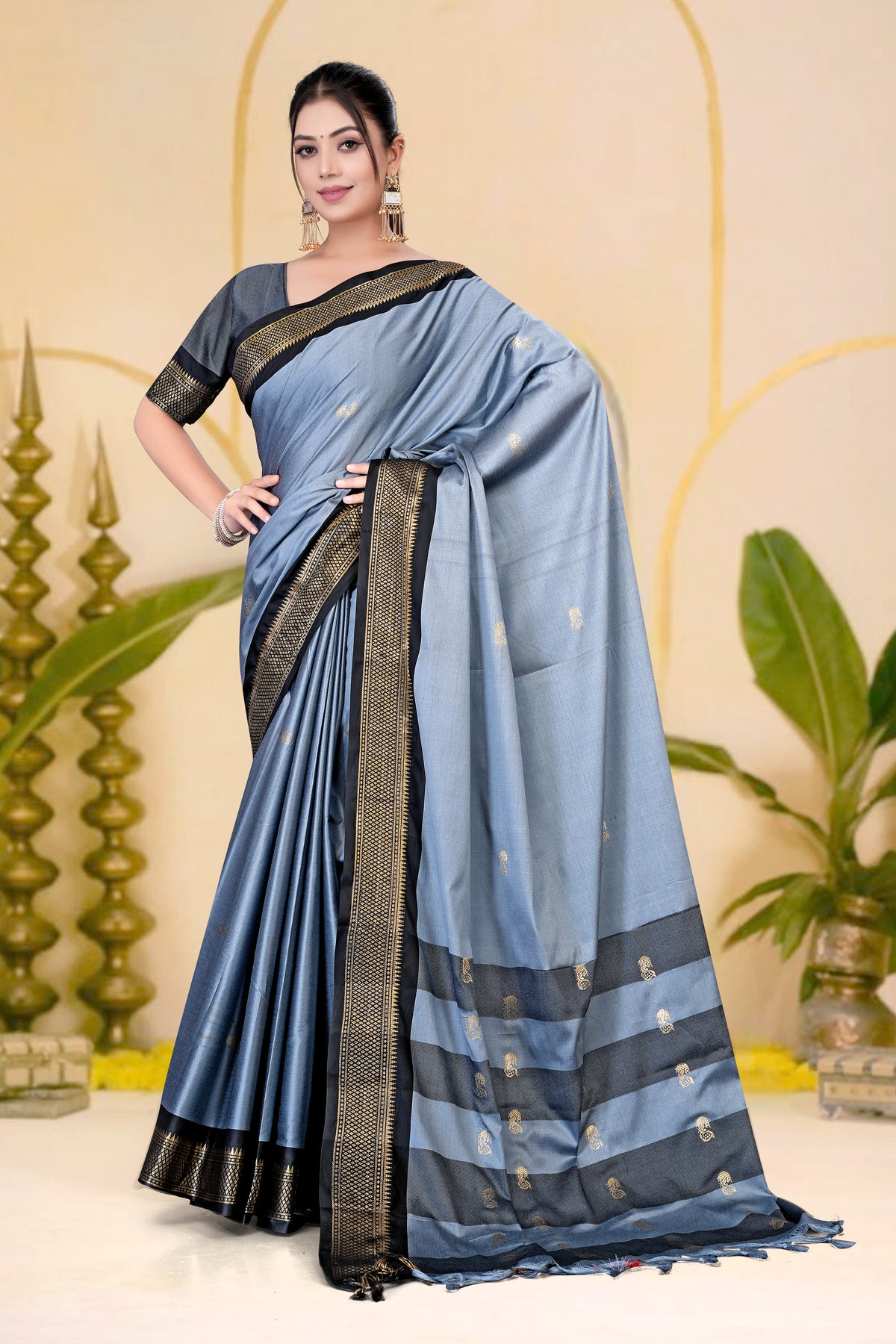 Grey & Black Paithani Cotton Silk Saree
