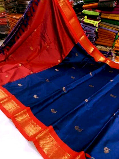 Navy Blue & Red Paithani Cotton Silk Saree