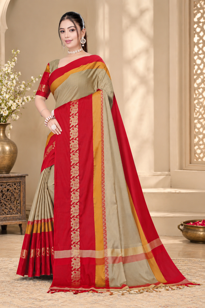 Beige & Red Hathi Design (Elephant) Cotton Silk Saree