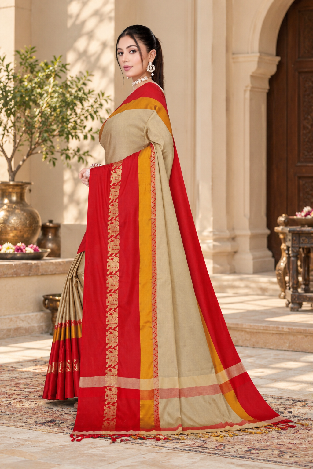 Beige & Red Hathi Design (Elephant) Cotton Silk Saree