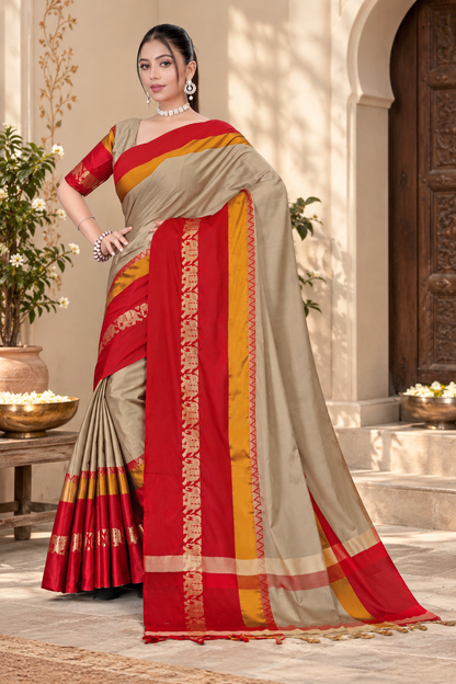 Beige & Red Hathi Design (Elephant) Cotton Silk Saree