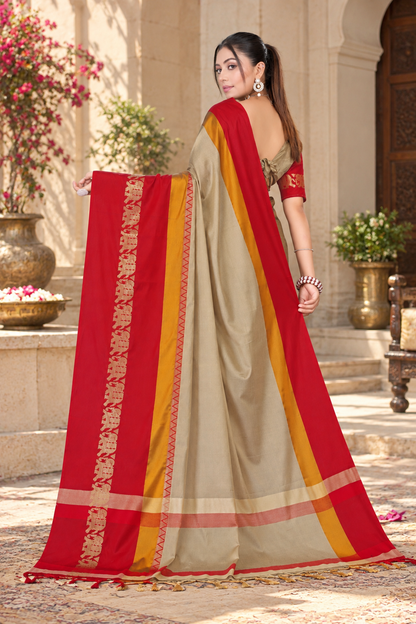Beige & Red Hathi Design (Elephant) Cotton Silk Saree
