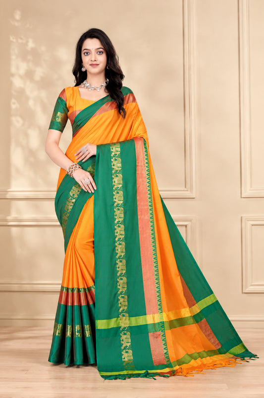 Turmeric Yellow & Green Hathi Design (Elephant) Cotton Silk Saree