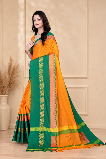Turmeric Yellow & Green Hathi Design (Elephant) Cotton Silk Saree