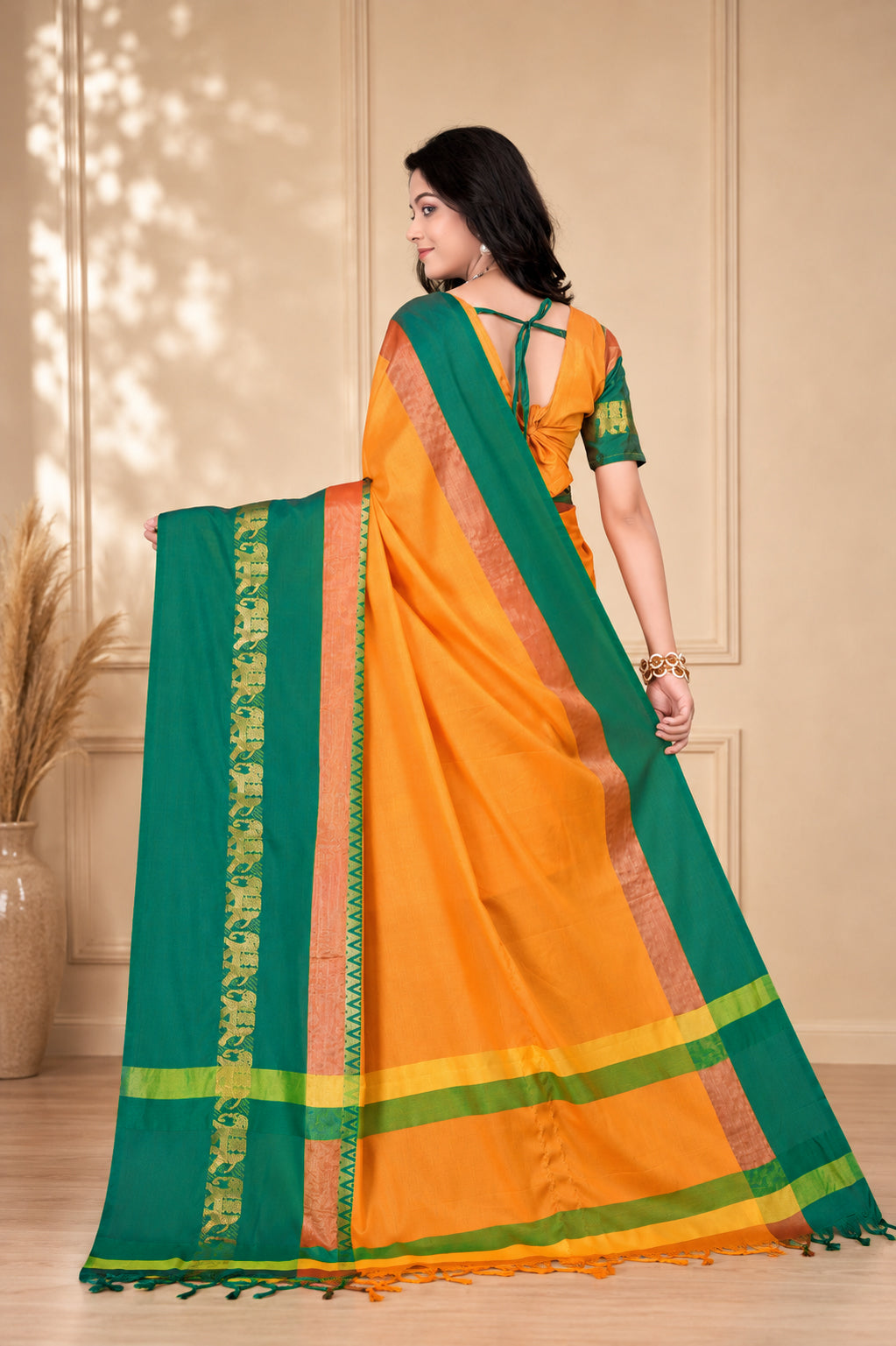 Turmeric Yellow & Green Hathi Design (Elephant) Cotton Silk Saree