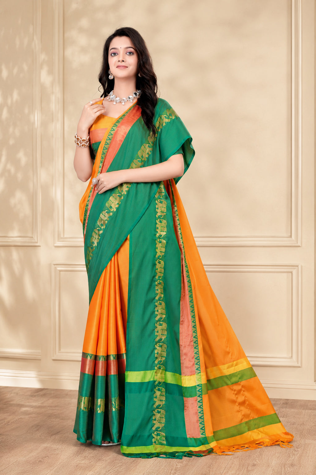 Turmeric Yellow & Green Hathi Design (Elephant) Cotton Silk Saree