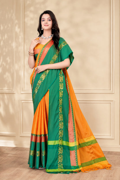 Turmeric Yellow & Green Hathi Design (Elephant) Cotton Silk Saree