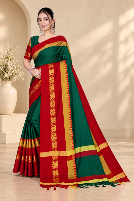 Bottle Green & Red Hathi Design (Elephant) Cotton Silk Saree