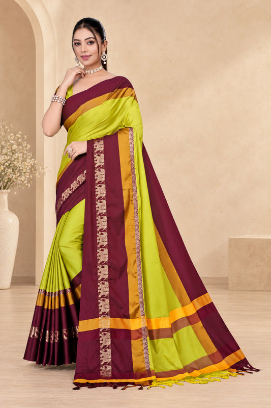 Lemon Yellow & Shaljam Hathi Design (Elephant) Cotton Silk Saree