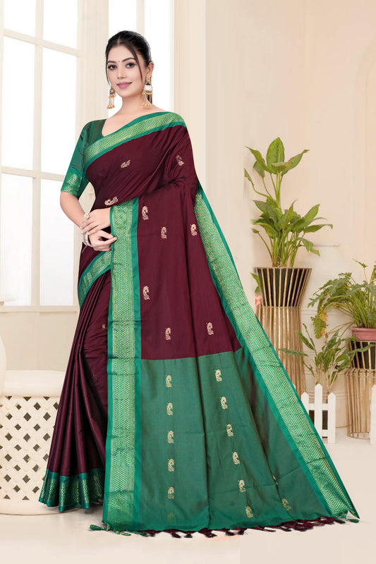 Brown & Green Paithani Cotton Silk Saree