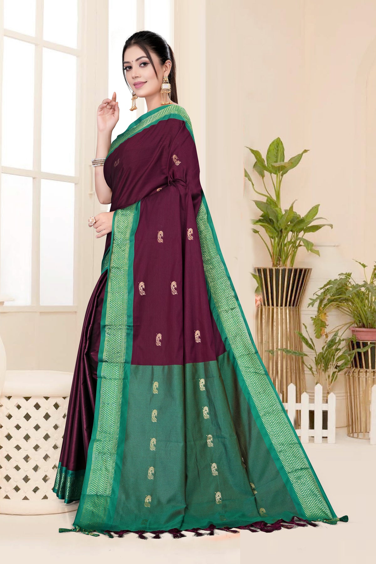 Brown & Green Paithani Cotton Silk Saree