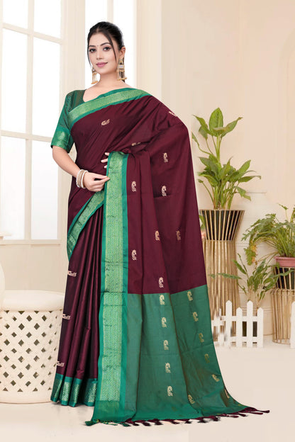 Brown & Green Paithani Cotton Silk Saree
