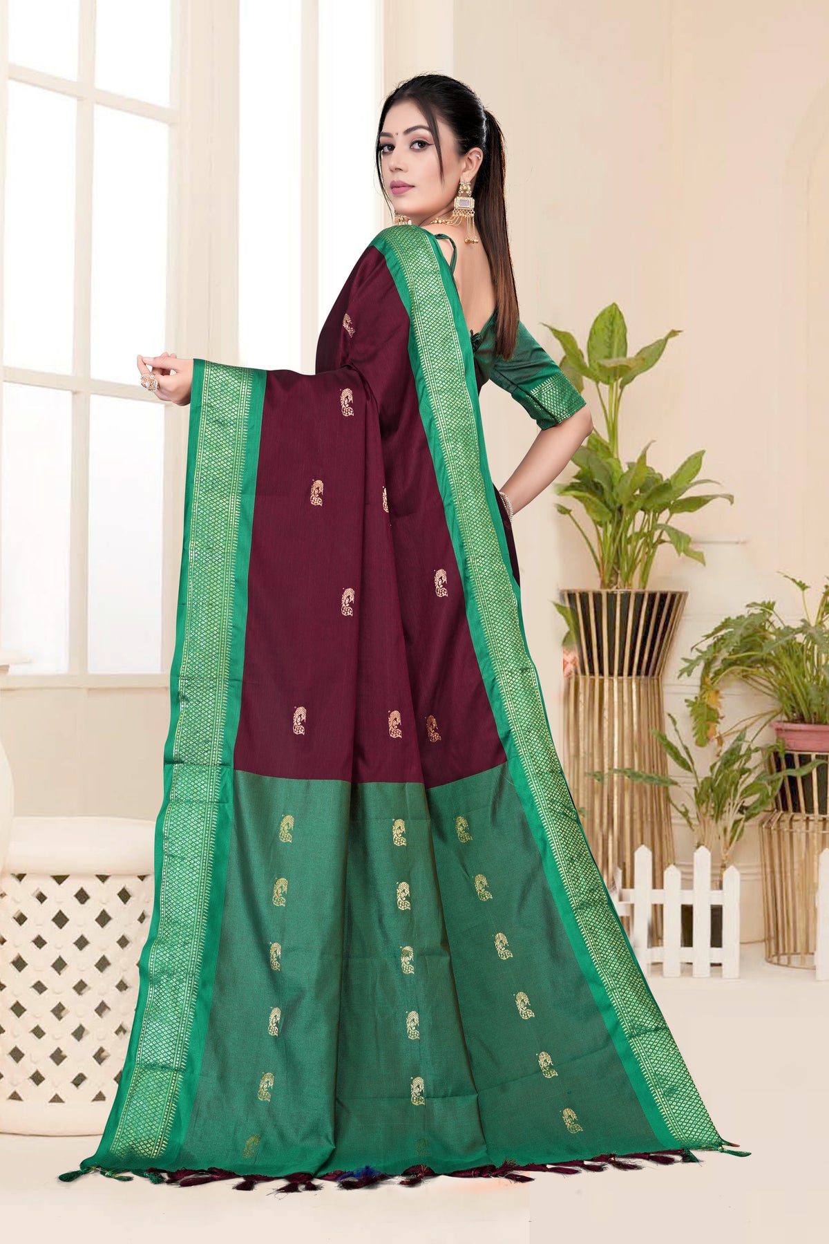 Brown & Green Paithani Cotton Silk Saree