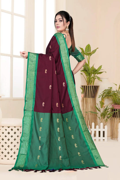 Brown & Green Paithani Cotton Silk Saree