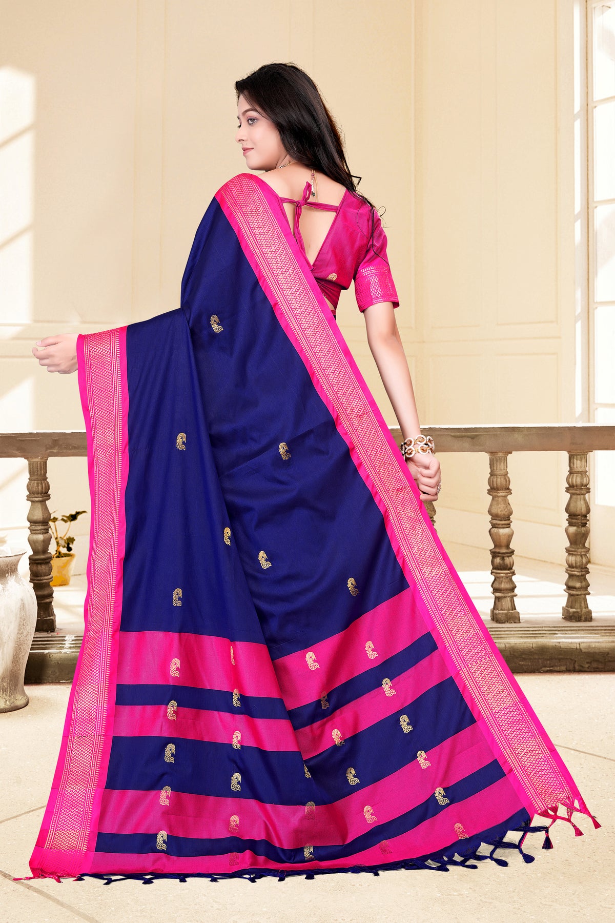 Navy Blue & Rani Pink Paithani Cotton Silk Saree