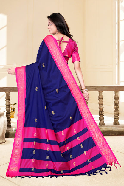 Navy Blue & Rani Pink Paithani Cotton Silk Saree