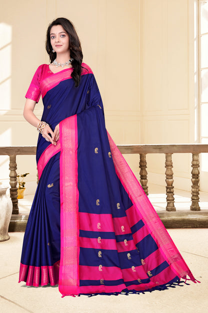 Navy Blue & Rani Pink Paithani Cotton Silk Saree