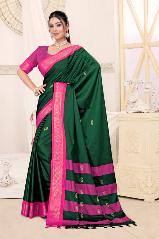 Bottle Green & Rani Pink Paithani Cotton Silk Saree