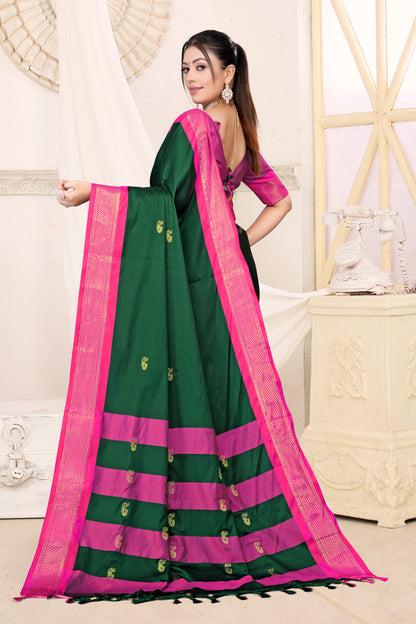 Bottle Green & Rani Pink Paithani Cotton Silk Saree