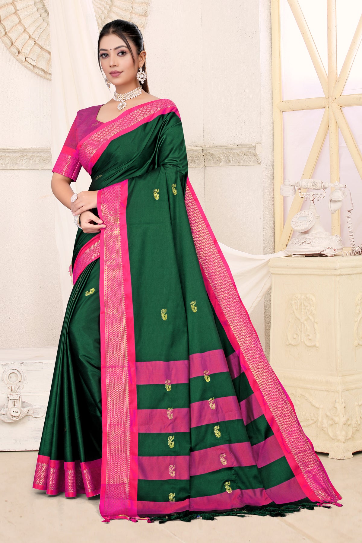 Bottle Green & Rani Pink Paithani Cotton Silk Saree