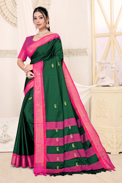 Bottle Green & Rani Pink Paithani Cotton Silk Saree