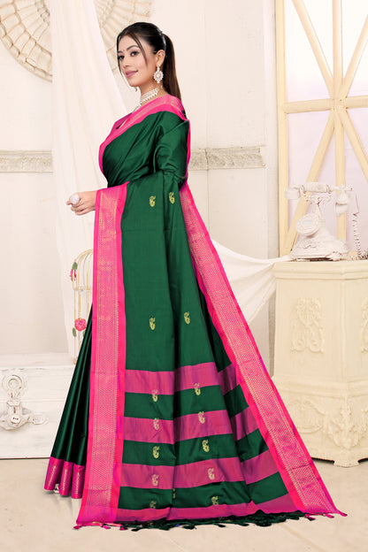 Bottle Green & Rani Pink Paithani Cotton Silk Saree