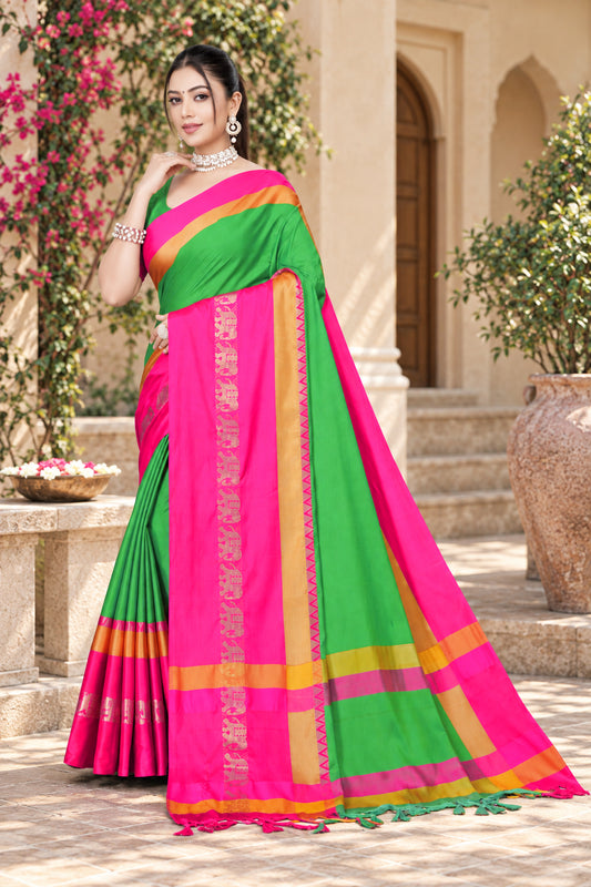 Parrot Green & Pink Rani Hathi Design (Elephant) Cotton Silk Saree