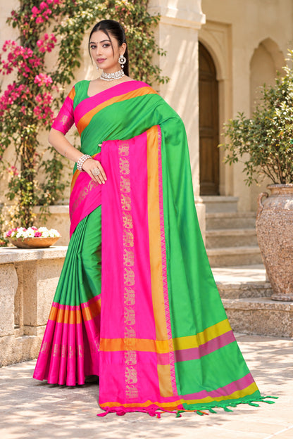 Parrot Green & Pink Rani Hathi Design (Elephant) Cotton Silk Saree