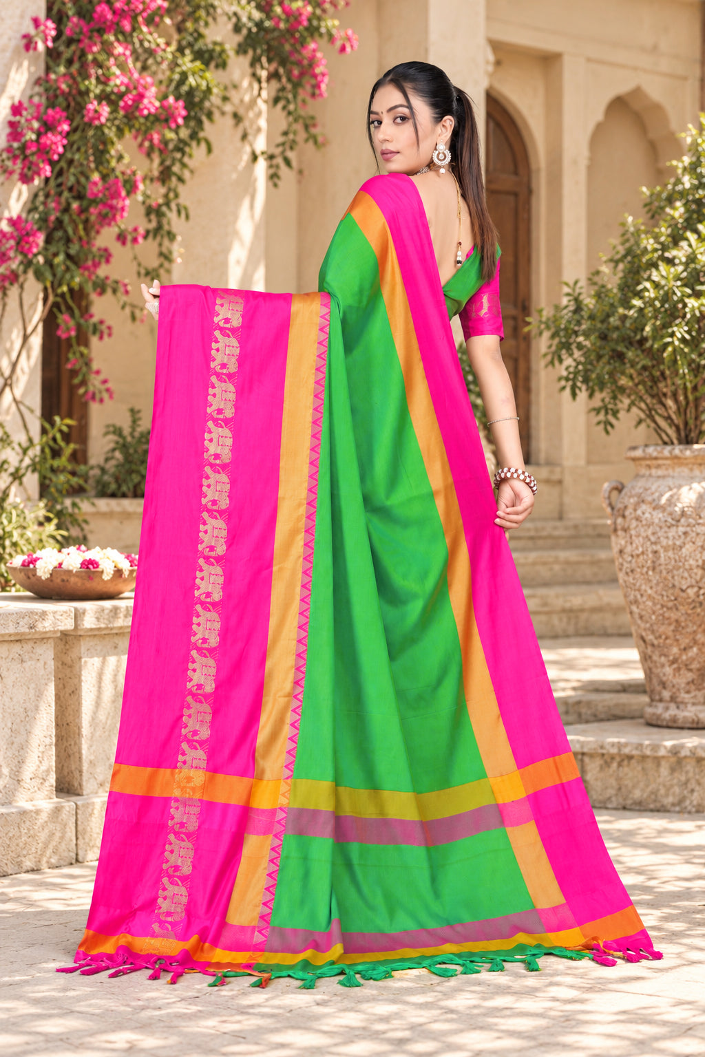 Parrot Green & Pink Rani Hathi Design (Elephant) Cotton Silk Saree