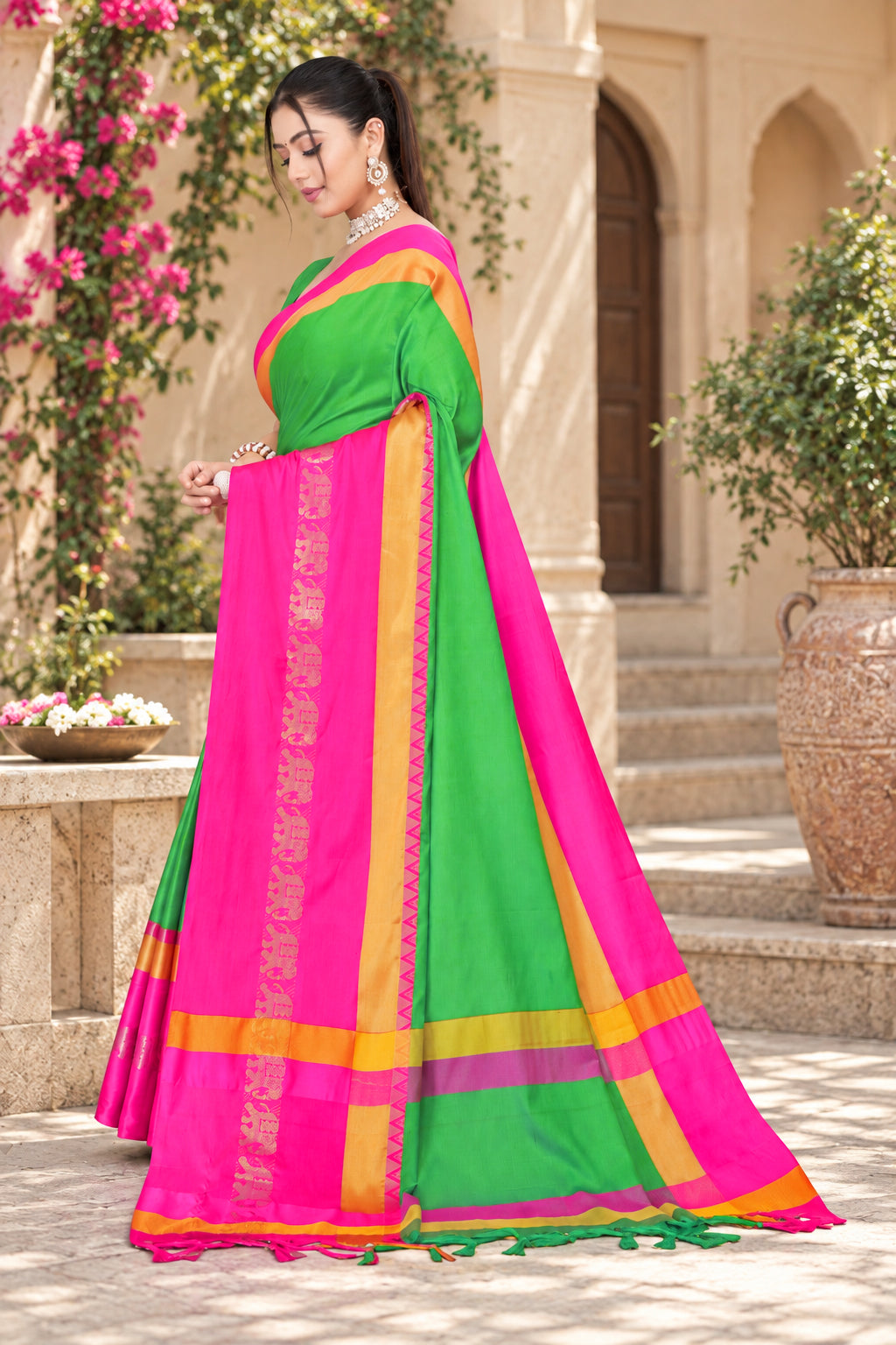 Parrot Green & Pink Rani Hathi Design (Elephant) Cotton Silk Saree