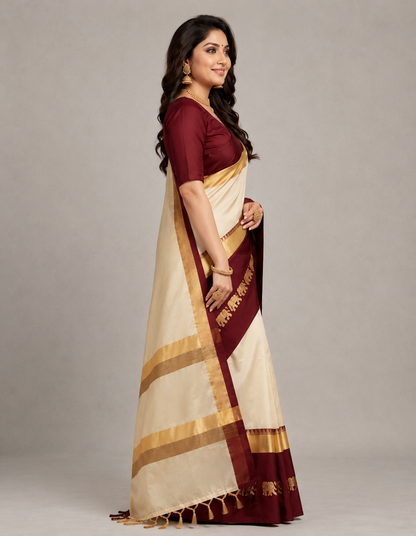 Beige & Brown Hathi Design (Elephant) Cotton Silk Saree