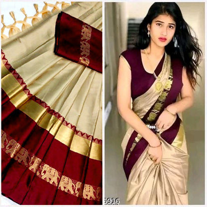 Beige & Brown Hathi Design (Elephant) Cotton Silk Saree