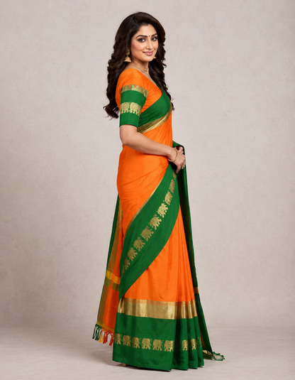 Turmeric Yellow & Green Hathi Design (Elephant) Cotton Silk Saree