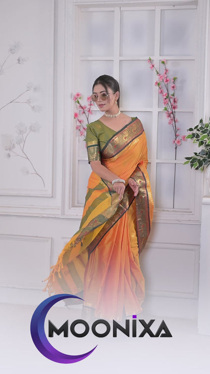 Gold & Green Peacock Design Cotton Silk Saree with Running Blouse Piece – Premium Ethnic Wear | Moonixa